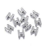 Alloy Initial Slide Charms with Grade A Rhinestones, Lead Free & Nickel Free, Platinum, Letter.H, 12~13x8~13x4~5mm, Hole: 8x2mm(ALRI-R032-H-FF)
