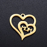201 Stainless Steel Charms, Heart with Word Mom, for Mother's Day, Golden, 15x15x1mm, Hole: 1.2mm(STAS-T046-JN252-2)