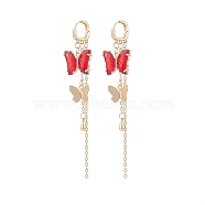 Glass Butterfly Dangle Hoop Earrings with Clear Cubic Zirconia, Golden Brass Long Tassel Earrings for Woman, Red, 95mm, Pin: 1mm(EJEW-TA00153-02)