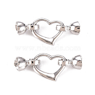 Brass Fold Over Clasps, Heart, Real Platinum Plated, 34.5mm, Heart: 14x18x2.5mm, Clasps: 12x8x7.5mm(KK-T062-106P-NF)