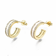 Semicircular Brass Micro Pave Clear Cubic Zirconia Half Hoop Earrings, Stud Earrings, with Enamel and Ear Nuts, Nickel Free, Real 16K Gold Plated, White, 14.5x4mm, Pin: 0.8mm(EJEW-T046-21E-NF)