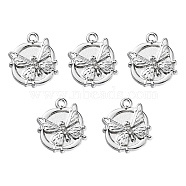Alloy Crystal Rhinestone Pendants, Flat Round with Butterfly Charms, Platinum, 17.5x15x3mm, Hole: 1.6mm(FIND-YW0001-89)