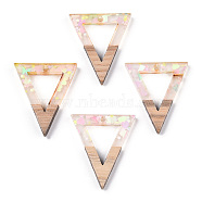 Transparent Resin & White Wood Pendants, Hollow Triangle Charms with Paillettes, Clear, 27.5x24x3.5mm, Hole: 1.8mm(RESI-N039-29)