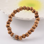 Round Wood Beaded Stretch Bracelets, with Tibetan Style Alloy Tube Bails, Antique Silver, BurlyWood, 54mm(X-BJEW-JB02170)