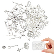 40Pcs 925 Sterling Silver Post Stud Earring Settings, Pearl Cup Stud Earring Setting, with 40pcs 304 Stainless Steel Ear Nuts, Silver, 13x3mm, Pin: 0.8mm and 0.9mm(STER-DC0001-03)