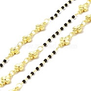 Handmade Eco-friendly Brass Flower Link Chains with Clear Cubic Zirconia, with Glass Column Beaded, Long-Lasting Plated, Golden, Soldered, with Spool, Black, 9.5x6x1.5mm(CHC-E023-10G)