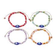 Evil Eye Lampwork & Glass Seed Braided Bead Bracelet, Adjustable Bracelet for Women, Mixed Color, Inner Diameter: 2-1/4~3 inch(5.6~7.7cm)(BJEW-JB09706)