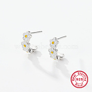 Rhodium Plated 925 Sterling Silver Flower Stud Earrings,  with 925 Stamp and Enamel, Platinum, 11x4.5mm(AE8550-1)