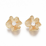 Brass Cubic Zirconia Charms, Flower, Clear, Nickel Free, Real 18K Gold Plated, 12x11.5x5mm, Hole: 1.4mm(KK-S350-079G)