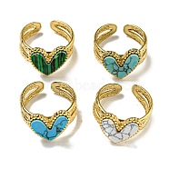 304 Stainless Steel Open Cuff Rings, Synthetic Malachite & Turquoise Heart Finger Rings for Women Men, Real 18K Gold Plated, Adjustable(RJEW-C079-08G)