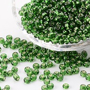 (Repacking Service Available) 6/0 Glass Seed Beads, Silver Lined Round Hole, Round, Lime Goreen, 4mm, Hole: 1.5mm, about 12G/bag(SEED-C014-4mm-27)