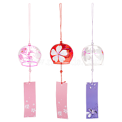 3Pcs 3 Colors Japanese Sakura Glass Wind Chimes, Paper Blessing Hanging Pendant, for Garden Patio Balcony Decoration, Mixed Color, 405mm, 1pc/color(HJEW-BC0001-51)