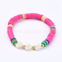 Stretch Bracelets, with Handmade Polymer Clay Heishi Beads, Heart Natural Sea Shell Beads and Round Brass Beads, Camellia, 2-1/4 inch(5.6cm)(BJEW-JB05081-04)