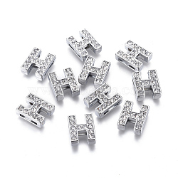 Alloy Initial Slide Charms with Grade A Rhinestones, for Personalized Name Necklaces Making, Lead Free & Nickel Free, Platinum, Letter.H, 12~13x8~13x4~5mm, Hole: 8x2mm(ALRI-R032-H-FF)