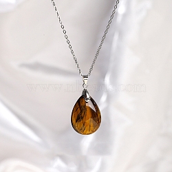 Natural Tiger Eye Teardrop Pendant Necklaces, Titanium Steel Cable Chain Necklace for Women, 17.72 inch(45cm)(PW-WG17918-05)