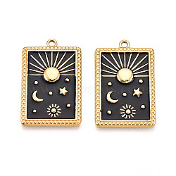 304 Stainless Steel Pendants, with Enamel, Rectangle with Moon & Star & Sun Charms, Ion Plating(IP), Real 18K Gold Plated, Black, 28x18x2mm, Hole: 1.6mm(X-STAS-N108-27B-G)