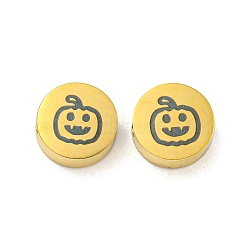 Halloween Theme 304 Stainless Steel Beads, Real 18K Gold Plated, Flat Round, Pumpkin, 8x3mm, Hole: 2mm(STAS-M069-01B-G)