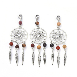 Tibetan Style Alloy Pendants, with Wood Beads & 304 Stainless Steel & Lobster Claw Clasps, Antique Silver, 93mm, Pendant: 72x28mm, Beads: 6mm, Feather: 29x5x2mm, Clasps: 12x8x3mm.(X-HJEW-JM00392)