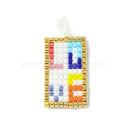 Handmade MIYUKI Japanese Seed Loom Pattern Seed Beads, Rectangle with Word LOVE Pendants, Colorful, 28.5x13x2mm, Hole: 2.5mm(PALLOY-MZ00121-01)