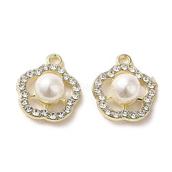 Alloy with Rhinestone Pendants, with ABS Imitation Pearl, Flower Charms, Golden, 19.5x16.5x8.5mm, Hole: 2mm(FIND-B032-18G)