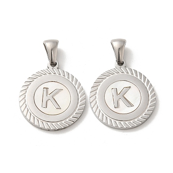 304 Stainless Steel Pendants, Flat Round Shell Charms with Letter, Stainless Steel Color, Letter K, 20.5x17.5x1.5mm, Hole: 2.5x4.5mm