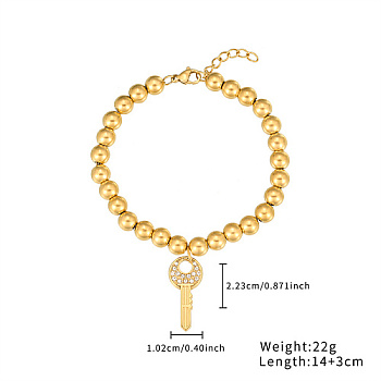 Stainless Steel Crystal Rhinestone Ball Beaded Bracelets with Pendants, Golden, Key, 5-1/2 inch(14cm), Pendant: 22.3x10.2mm