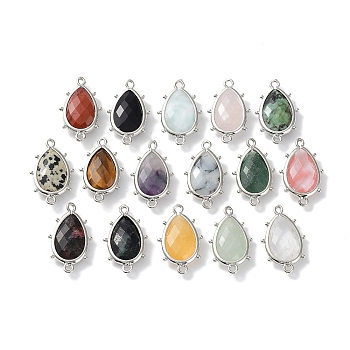 Natural & Synthetic Mixed Stone Connector Charms, with Platinum Plated Brass Edge Loops, Faceted, Teardrop, 24x14.5x5mm, Hole: 1.2mm & 1.4mm