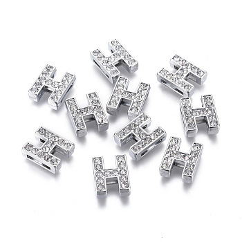 Alloy Initial Slide Charms with Grade A Rhinestones, Lead Free & Nickel Free, Platinum, Letter.H, 12~13x8~13x4~5mm, Hole: 8x2mm