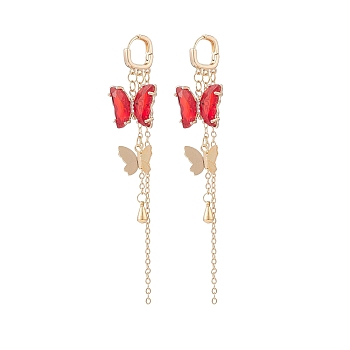 Glass Butterfly Dangle Hoop Earrings with Clear Cubic Zirconia, Golden Brass Long Tassel Earrings for Woman, Red, 95mm, Pin: 1mm