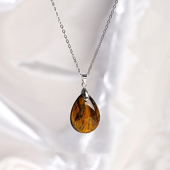 Natural Tiger Eye Teardrop Pendant Necklaces, Titanium Steel Cable Chain Necklace for Women, 17.72 inch(45cm)