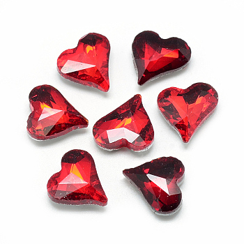 Pointed Back Glass Rhinestone Cabochons, Faceted, Back Plated, Heart, Red, 12x11.8x4.5mm