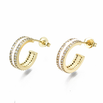 Semicircular Brass Micro Pave Clear Cubic Zirconia Half Hoop Earrings, Stud Earrings, with Enamel and Ear Nuts, Nickel Free, Real 16K Gold Plated, White, 14.5x4mm, Pin: 0.8mm