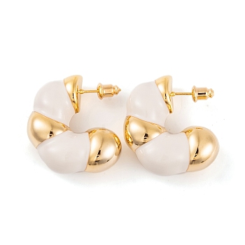 C-Shaped Brass Enamel Stud Earrings for Women, Real 18K Gold Plated, White, 30x12mm