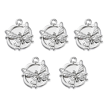 Alloy Crystal Rhinestone Pendants, Flat Round with Butterfly Charms, Platinum, 17.5x15x3mm, Hole: 1.6mm