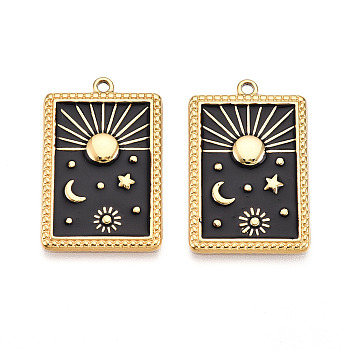 304 Stainless Steel Pendants, with Enamel, Rectangle with Moon & Star & Sun Charms, Ion Plating(IP), Real 18K Gold Plated, Black, 28x18x2mm, Hole: 1.6mm