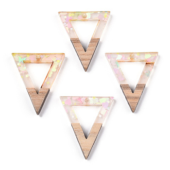 Transparent Resin & White Wood Pendants, Hollow Triangle Charms with Paillettes, Clear, 27.5x24x3.5mm, Hole: 1.8mm