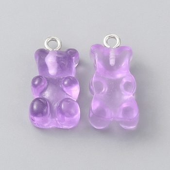 Transparent Resin Pendants, with Platinum Tone Iron Loops, Bear Charm, Dark Orchid, 22x11x7mm, Hole: 2mm