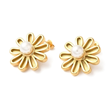 Plastic Pearl Beaded Flower Stud Earrings, Ion Plating(IP) 304 Stainless Steel Jewelry, Real 18K Gold Plated, 25x25mm