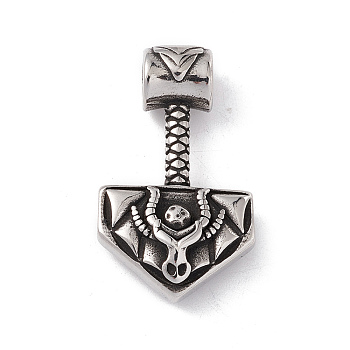 304 Stainless Steel Manual Polishing Pendants, Thor's Hammer, Antique Silver, 37x22x7mm, Hole: 5mm
