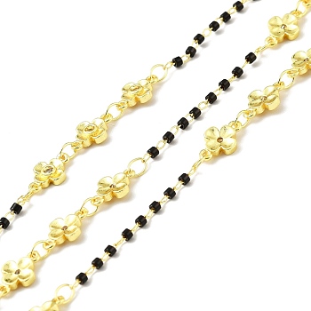 Handmade Eco-friendly Brass Flower Link Chains with Clear Cubic Zirconia, with Glass Column Beaded, Long-Lasting Plated, Golden, Soldered, with Spool, Black, 9.5x6x1.5mm