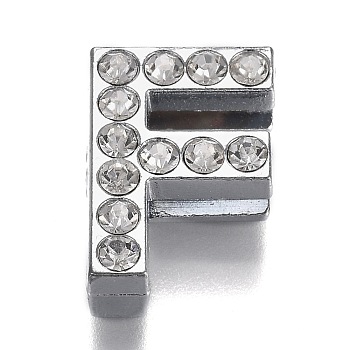 Alloy Letter Slide Charms, with Crystal Rhinestone, Cadmium Free & Lead Free, Platinum, Letter.F, 20x14x7mm, Hole: 2.5x18mm