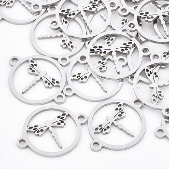 201 Stainless Steel Links connectors, Laser Cut Links, Flat Round with Dragonfly, Stainless Steel Color, 20x15x1mm, Hole: 1.6mm