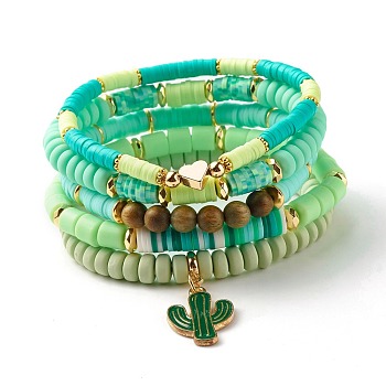 Natural Sandalwood Round & Polymer Clay Heishi Beads Stretch Bracelets Sets, Cactus Heart Charm Stackable Bracelets for Women, Green, Inner Diameter: 2 1/8~2-1/4 inch(5.4~5.7cm), 5pcs/set