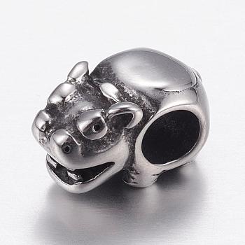 304 Stainless Steel European Beads, Large Hole Beads, Animal, Antique Silver, 14x8x7.5mm, Hole: 4.5mm