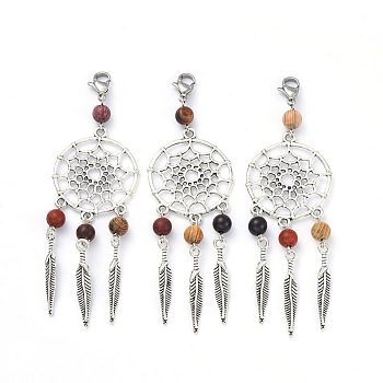 Tibetan Style Alloy Pendants, with Wood Beads & 304 Stainless Steel & Lobster Claw Clasps, Antique Silver, 93mm, Pendant: 72x28mm, Beads: 6mm, Feather: 29x5x2mm, Clasps: 12x8x3mm.