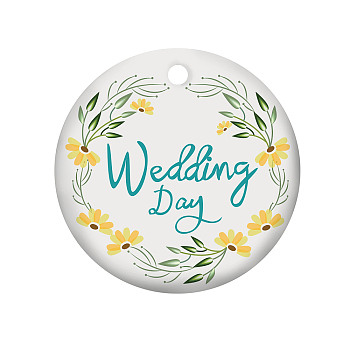 Handmade Porcelain Pendants, Flat Round Word Happy Wedding Day, Pale Goldenrod, 75x2mm