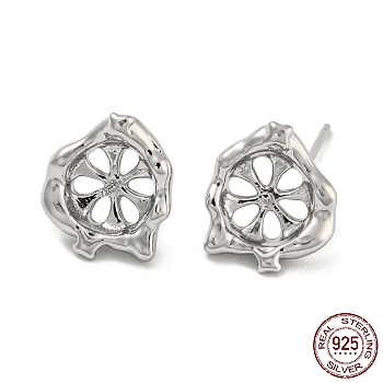 Rhodium Plated Flower 925 Sterling Silver Stud Earring Findings, Earring Settings for Half Drilled Beads, with S925 Stamp, Real Platinum Plated, 11.5x11mm, Pin: 10x0.7mm and 0.7mm(for Half Drilled Beads)