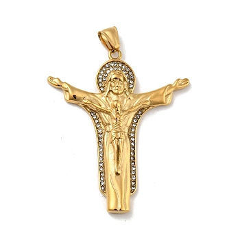 Ion Plating(IP) 304 Stainless Steel Big Pendants, with Rhinestone, Jesus, Golden, 62x52.5x7.5mm, Hole: 4x8mm