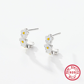 Rhodium Plated 925 Sterling Silver Flower Stud Earrings,  with 925 Stamp and Enamel, Platinum, 11x4.5mm