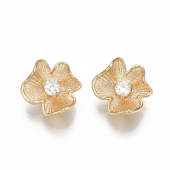 Brass Cubic Zirconia Charms, Flower, Clear, Nickel Free, Real 18K Gold Plated, 12x11.5x5mm, Hole: 1.4mm